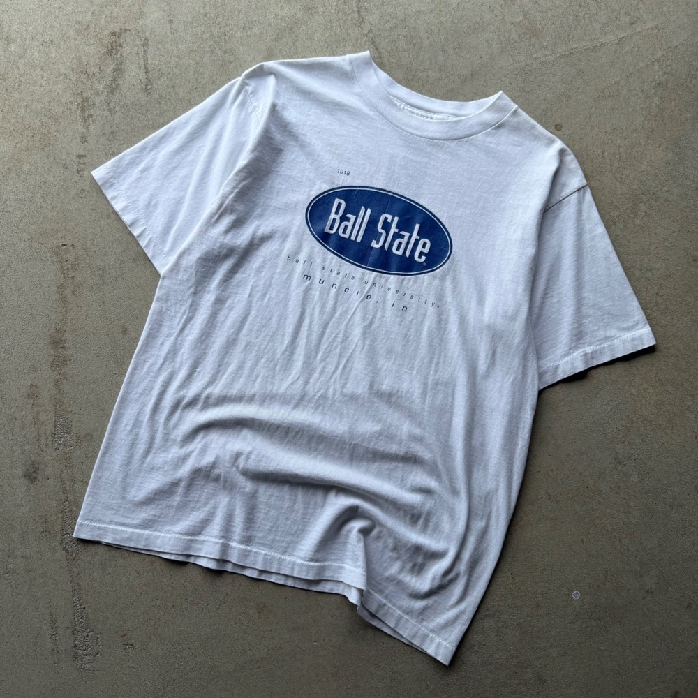 90s Mens Gribble Ball State University Vintage Graphic T-Shirt White Large